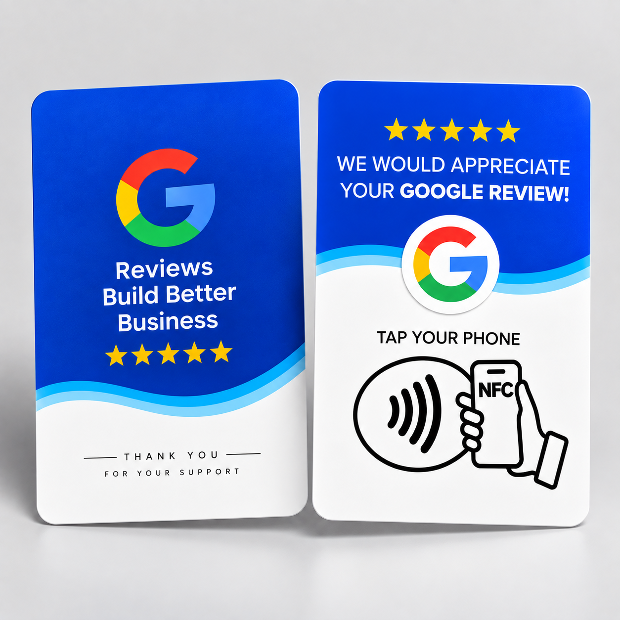Customer tapping smartphone on Tapify Google review NFC card at store counter