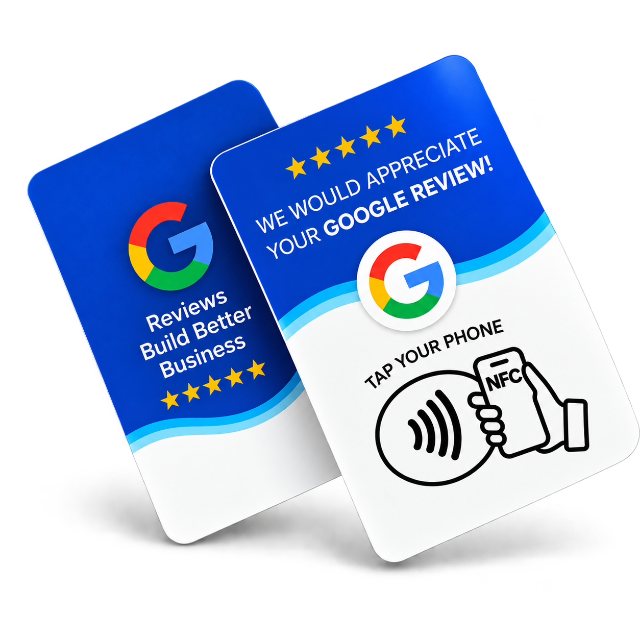Happy customer submitting 5 star Google review using Tapify smart tap card