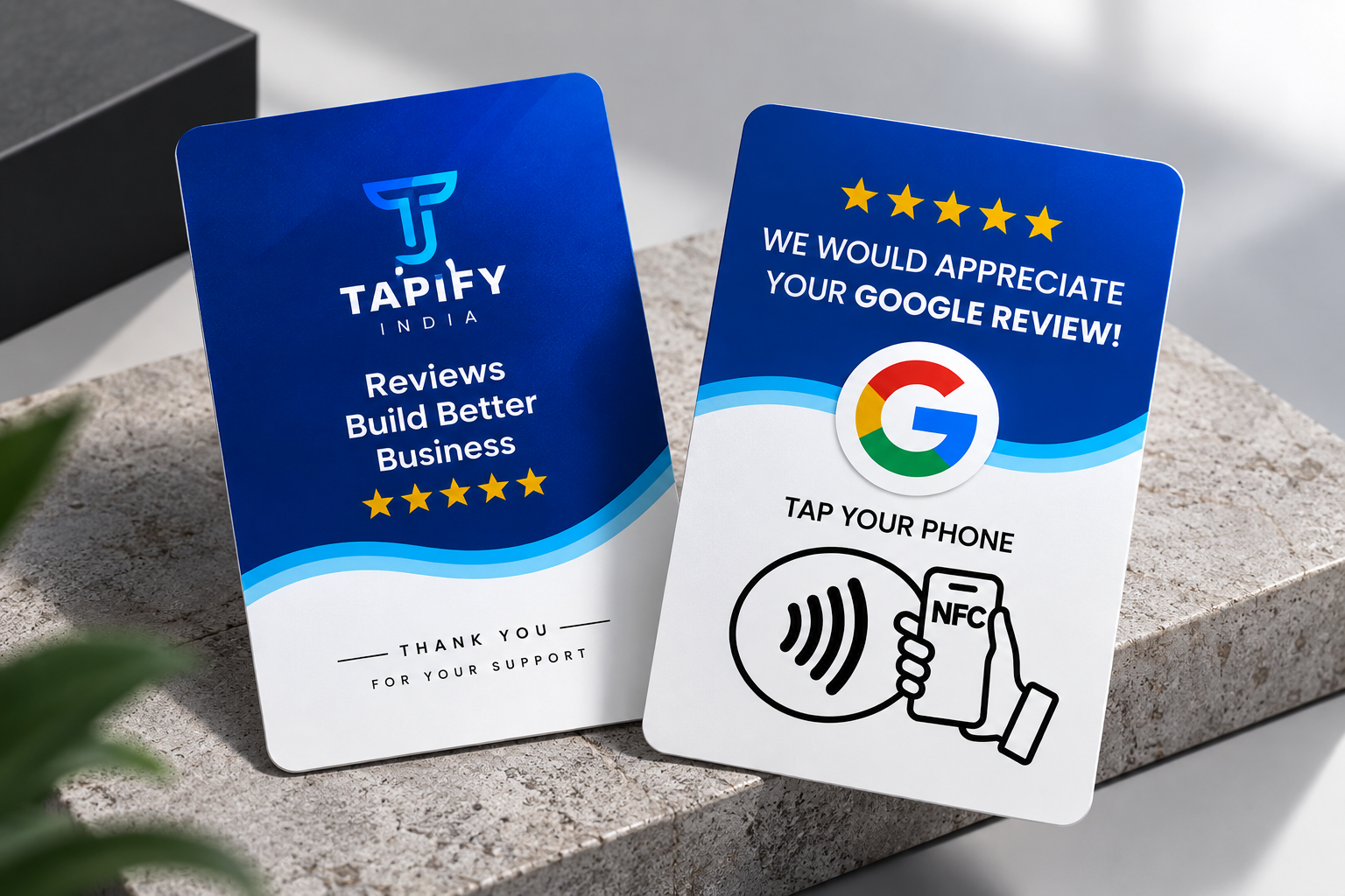 Tapify NFC Google review card front and back view with QR code and logo