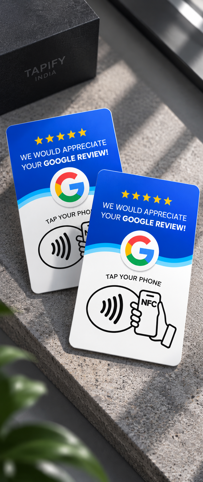 Customer tapping smartphone on Tapify Google review NFC card at store counter