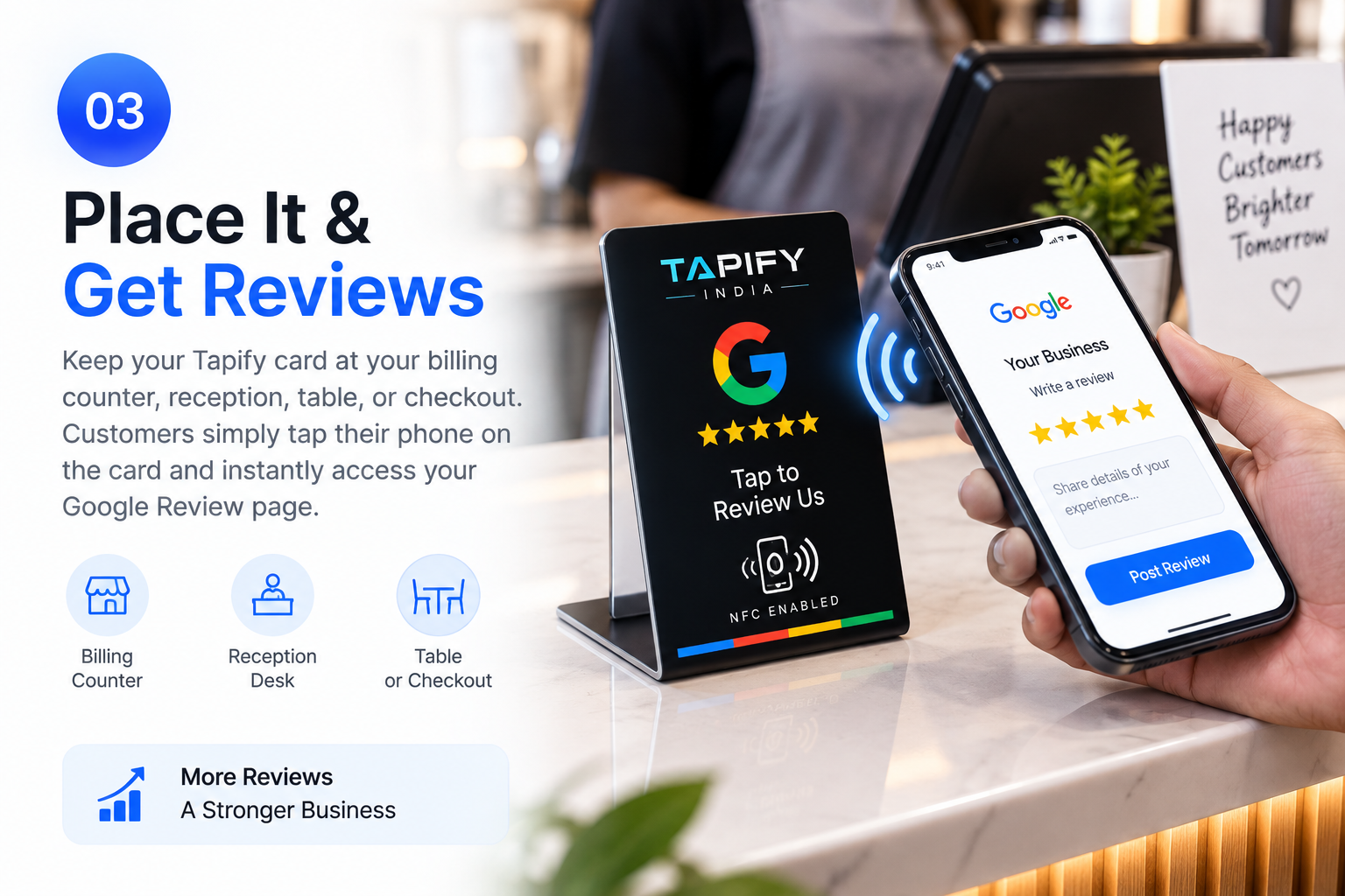 Tapify NFC microchip card enabling one-touch 5-star Google review rating