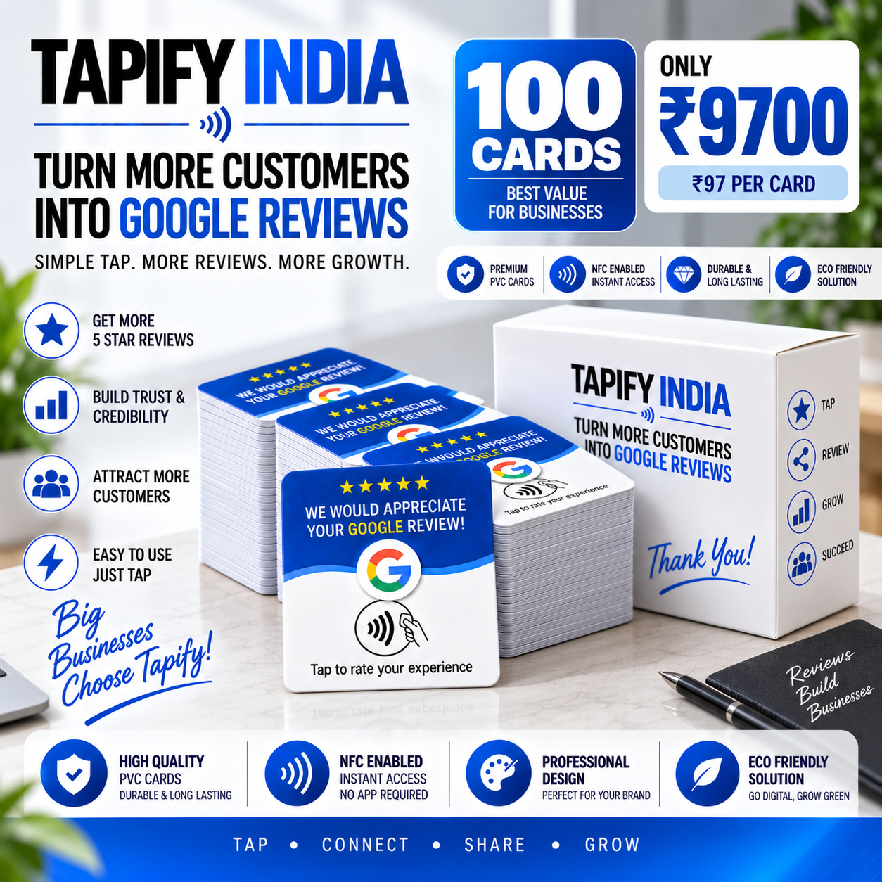 Tapify Google Review NFC Card Pack of 100 - Bulk corporate NFC review cards