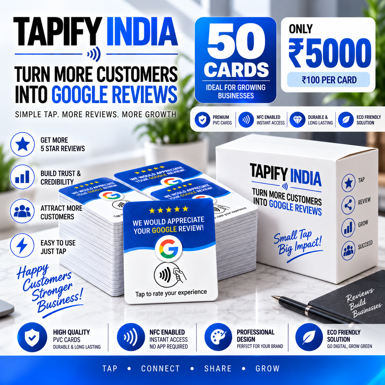 Tapify Google Review NFC Card Pack of 50 - Wholesale Google review cards
