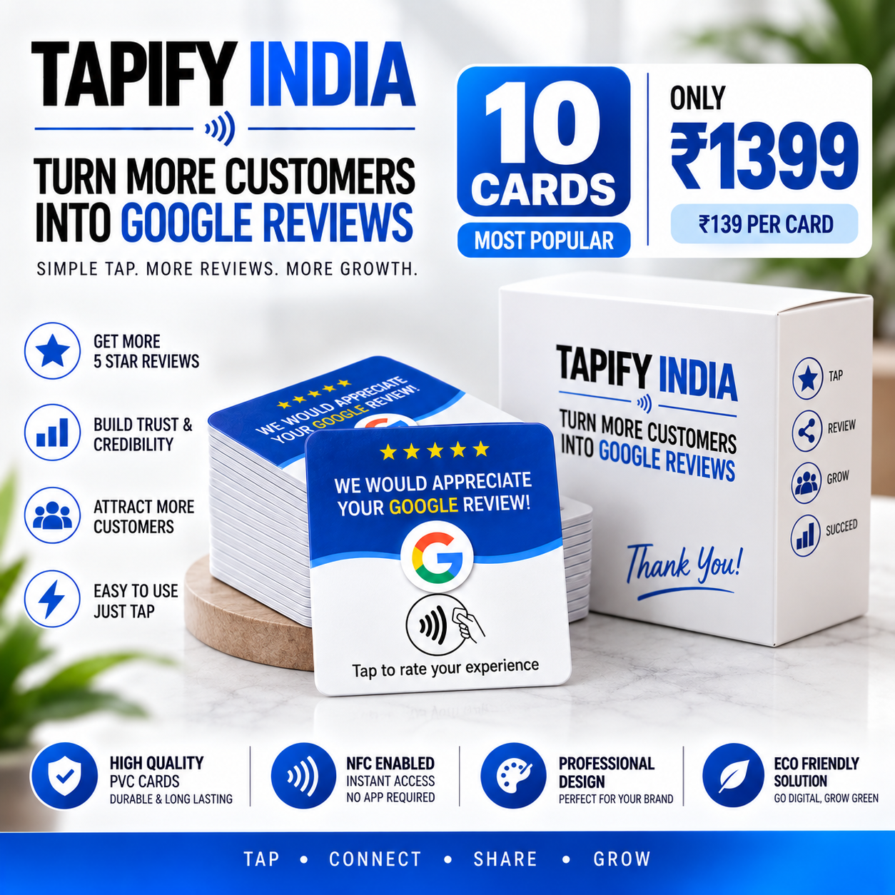 Tapify Google Review NFC Card Pack of 10 - Business customer review cards bundle